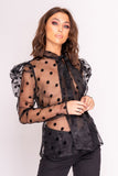 Black Sheer Puff Shoulder Polka Dot Shirt