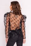 Black Sheer Puff Shoulder Polka Dot Shirt