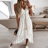 Off Shoulder Lace Patchwork Elegant Dress Women Summer V Neck Spaghetti Strap Dress Female New Fashion Solid Party Dresses