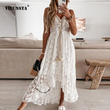 Off Shoulder Lace Patchwork Elegant Dress Women Summer V Neck Spaghetti Strap Dress Female New Fashion Solid Party Dresses
