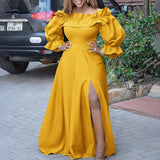 VONDA Women Vintage Long Sleeve High Slit Party Ruffled Dress Casual Vestido Oversized Robe Femme
