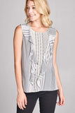 SLEEVELESS ROUND NECK STRIPED TOP WITH RUFFLE DETAILS