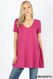 Short Sleeve V-Neck Flared Top with Pockets