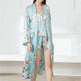 Print Flower Nighty&Robe Suit Sleepwear Sexy Satin Kimono Gown