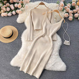 Women Elegant Slim Two Piece Sets Female Sweater Dress Autumn Winter High Waist Knitted Ensemble Femme Medium Long Party Dresses