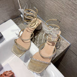 Sandals Fashion Luxury Square Toe Club Rhinestone Snake Wrap High Heel Birthday Wedding Party Shoes