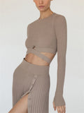 Tossy New White Knit Two Piece Women Sets Fall Ribbed Crop Top And Pleated Knitted Skirt Suits For Women Midi Dress Sets