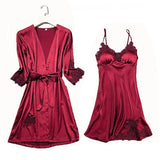 Satin Lace Pajamas Set Women Strap Top Pants Sleepwear Sleep Suit Spring