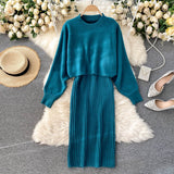 Women Elegant Slim Two Piece Sets Female Sweater Dress Autumn Winter High Waist Knitted Ensemble Femme Medium Long Party Dresses
