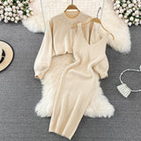 Women Elegant Slim Two Piece Sets Female Sweater Dress Autumn Winter High Waist Knitted Ensemble Femme Medium Long Party Dresses