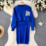 Women Elegant Slim Two Piece Sets Female Sweater Dress Autumn Winter High Waist Knitted Ensemble Femme Medium Long Party Dresses