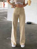 HEYounGIRL Khaki Casual High Waist Jeans Women Pocket Elegant Straight Denim