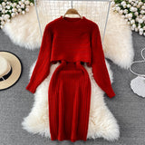 Women Elegant Slim Two Piece Sets Female Sweater Dress Autumn Winter High Waist Knitted Ensemble Femme Medium Long Party Dresses