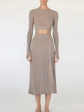 Tossy New White Knit Two Piece Women Sets Fall Ribbed Crop Top And Pleated Knitted Skirt Suits For Women Midi Dress Sets