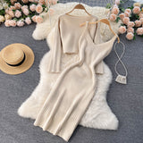 Women Elegant Slim Two Piece Sets Female Sweater Dress Autumn Winter High Waist Knitted Ensemble Femme Medium Long Party Dresses