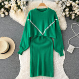 Women Elegant Slim Two Piece Sets Female Sweater Dress Autumn Winter High Waist Knitted Ensemble Femme Medium Long Party Dresses