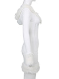 HEYounGIRL Furry White Long Sleeve Hooded V Neck Bodycon Mini Dress
