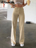 HEYounGIRL Khaki Casual High Waist Jeans Women Pocket Elegant Straight Denim