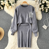 Women Elegant Slim Two Piece Sets Female Sweater Dress Autumn Winter High Waist Knitted Ensemble Femme Medium Long Party Dresses