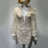Sexy V-neck Beaded Dress Beaded Long Sleeve Feather Wine Dress Fashion Luxury Dubai Feather Party Dress