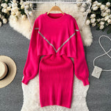 Women Elegant Slim Two Piece Sets Female Sweater Dress Autumn Winter High Waist Knitted Ensemble Femme Medium Long Party Dresses