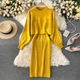 Women Elegant Slim Two Piece Sets Female Sweater Dress Autumn Winter High Waist Knitted Ensemble Femme Medium Long Party Dresses