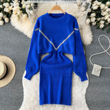 Women Elegant Slim Two Piece Sets Female Sweater Dress Autumn Winter High Waist Knitted Ensemble Femme Medium Long Party Dresses