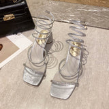 Sandals Fashion Luxury Square Toe Club Rhinestone Snake Wrap High Heel Birthday Wedding Party Shoes
