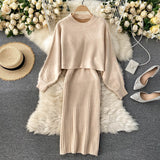 Women Elegant Slim Two Piece Sets Female Sweater Dress Autumn Winter High Waist Knitted Ensemble Femme Medium Long Party Dresses
