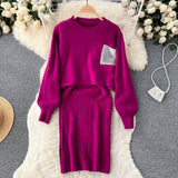 Women Elegant Slim Two Piece Sets Female Sweater Dress Autumn Winter High Waist Knitted Ensemble Femme Medium Long Party Dresses