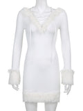 HEYounGIRL Furry White Long Sleeve Hooded V Neck Bodycon Mini Dress