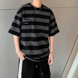 Harajuku Oversized High Street Stripe T-Shirt Long Sleeves Vintage Style All-Match Fashion Unisex Clothes Japanese Streetwear