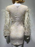Sexy V-neck Beaded Dress Beaded Long Sleeve Feather Wine Dress Fashion Luxury Dubai Feather Party Dress