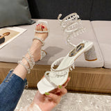 Sandals Fashion Luxury Square Toe Club Rhinestone Snake Wrap High Heel Birthday Wedding Party Shoes