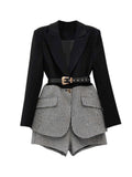 TWOTWINSTYLE Korean Patchwork Plaid Two Piece Set For Women Lapel Long Sleeve Sashes Blazer Wide Leg Shorts Casual Sets Female