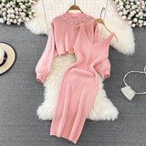 Women Elegant Slim Two Piece Sets Female Sweater Dress Autumn Winter High Waist Knitted Ensemble Femme Medium Long Party Dresses