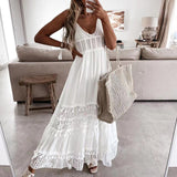 Off Shoulder Lace Patchwork Elegant Dress Women Summer V Neck Spaghetti Strap Dress Female New Fashion Solid Party Dresses