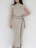 New Autumn Winter Korean Style Temperament Dress Ladies Slim Waist Lace-Up Knitted Mid-Length Sweater Dress Vestidos