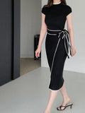 New Autumn Winter Korean Style Temperament Dress Ladies Slim Waist Lace-Up Knitted Mid-Length Sweater Dress Vestidos