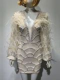 Sexy V-neck Beaded Dress Beaded Long Sleeve Feather Wine Dress Fashion Luxury Dubai Feather Party Dress