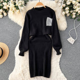 Women Elegant Slim Two Piece Sets Female Sweater Dress Autumn Winter High Waist Knitted Ensemble Femme Medium Long Party Dresses