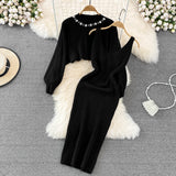 Women Elegant Slim Two Piece Sets Female Sweater Dress Autumn Winter High Waist Knitted Ensemble Femme Medium Long Party Dresses