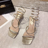 Sandals Fashion Luxury Square Toe Club Rhinestone Snake Wrap High Heel Birthday Wedding Party Shoes