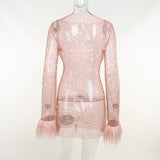 Fashion Sexy Feather Patchwork Long Sleeve Mesh Dress Women  Autumn See-through Bodycon Package Hip Party Night Club Dresses