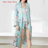 Print Flower Nighty&Robe Suit Sleepwear Sexy Satin Kimono Gown