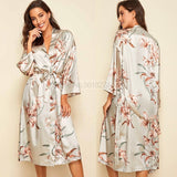 Print Flower Nighty&Robe Suit Sleepwear Sexy Satin Kimono Gown