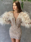 Sexy V-neck Beaded Dress Beaded Long Sleeve Feather Wine Dress Fashion Luxury Dubai Feather Party Dress
