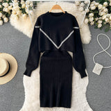 Women Elegant Slim Two Piece Sets Female Sweater Dress Autumn Winter High Waist Knitted Ensemble Femme Medium Long Party Dresses