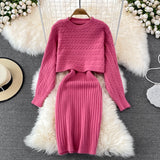 Women Elegant Slim Two Piece Sets Female Sweater Dress Autumn Winter High Waist Knitted Ensemble Femme Medium Long Party Dresses