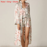 Print Flower Nighty&Robe Suit Sleepwear Sexy Satin Kimono Gown